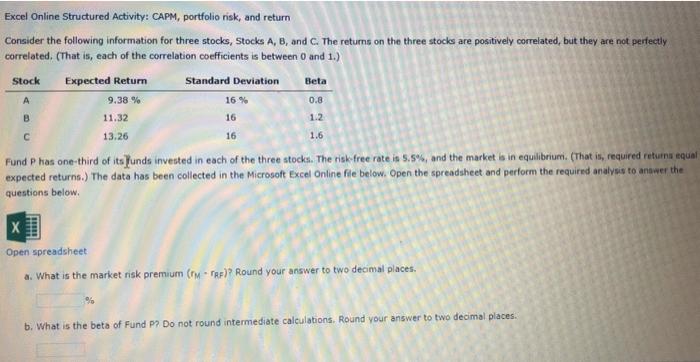 Excel Online Structured Activity: CAPM, portfolio risk, and return Consider the following