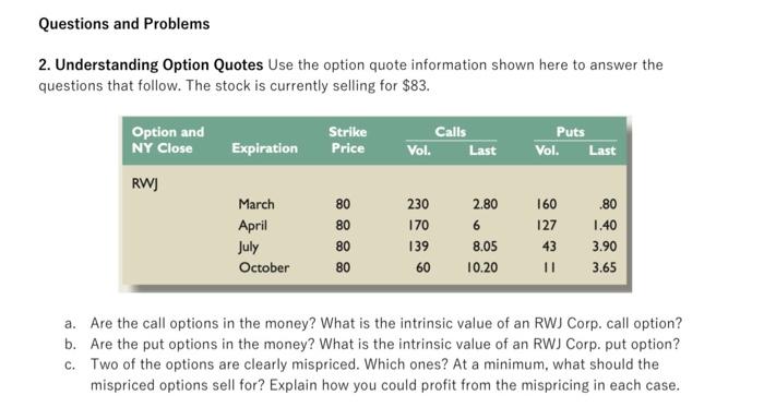 Questions and Problems 2. Understanding Option Quotes Use the option quote information
