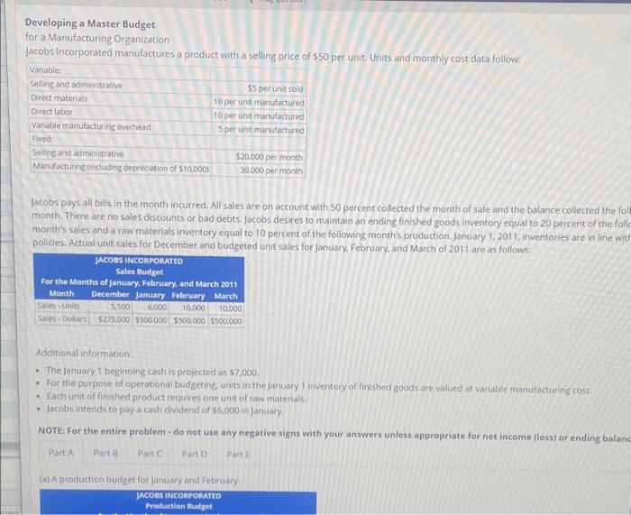 Developing a Master Budget for a Manufacturing Organization Jacobs Incorporated manufactures a