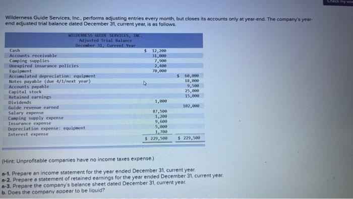 Wilderness Guide Services, Inc., performs adjusting entries every month, but closes its