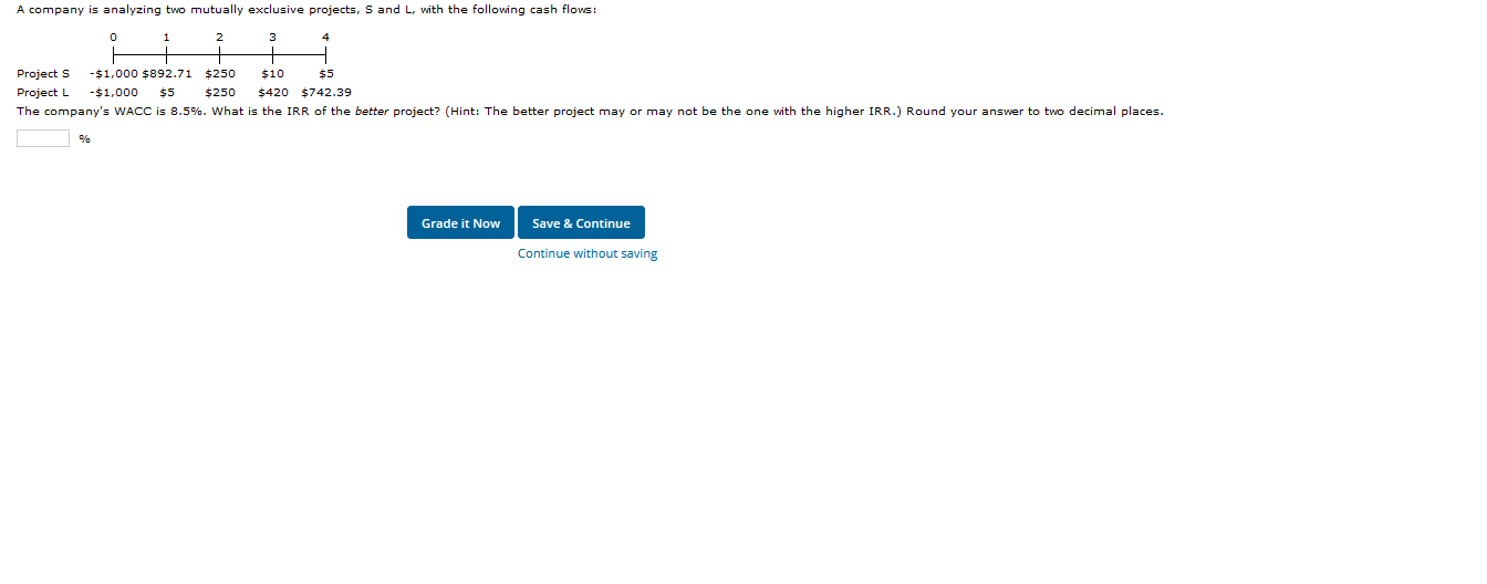 A company is analyzing two mutually exclusive projects, S and L, with