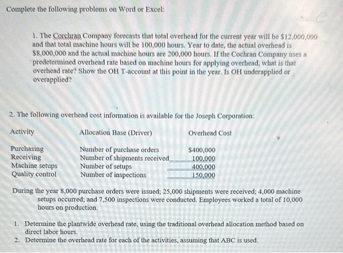 Complete the following problems on Word or Excel: 1. The Corchran Company