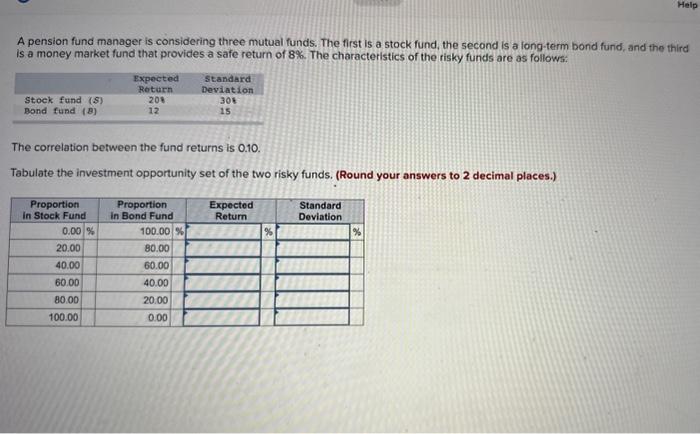Help A pension fund manager is considering three mutual funds. The first