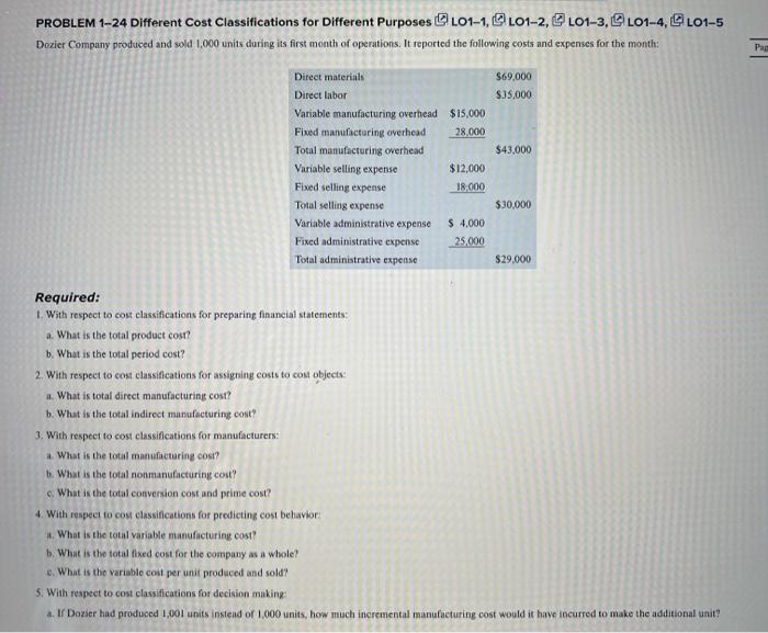 PROBLEM 1-24 Different Cost Classifications for Different Purposes LO1-1, LO1-2, LO1-3, L01-4,