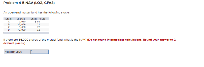 Problem 4-5 NAV (LO2, CFA3) An open-end mutual fund has the following