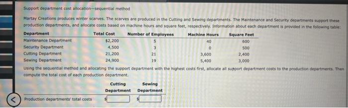 Support department cost allocation-sequential method Martay Creations produces winter scarves. The scarves