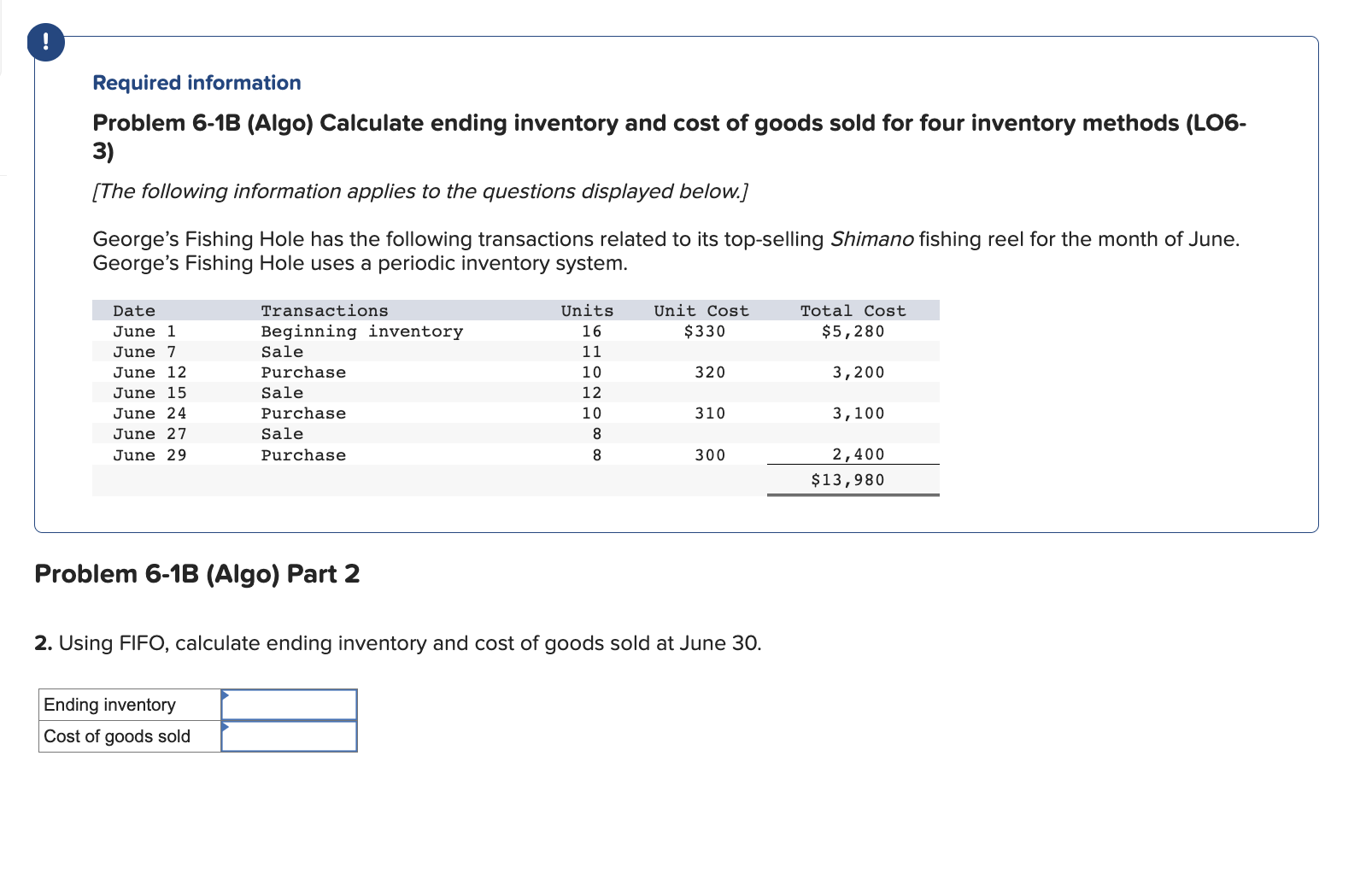 goods sold for four inventory methods (LO6- 3) [The following information applies