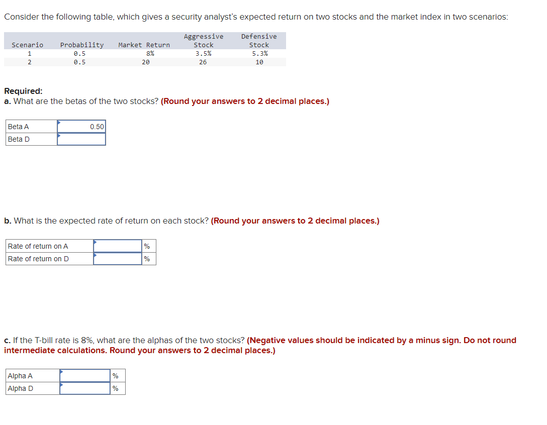 Consider the following table, which gives a security analyst's expected return on