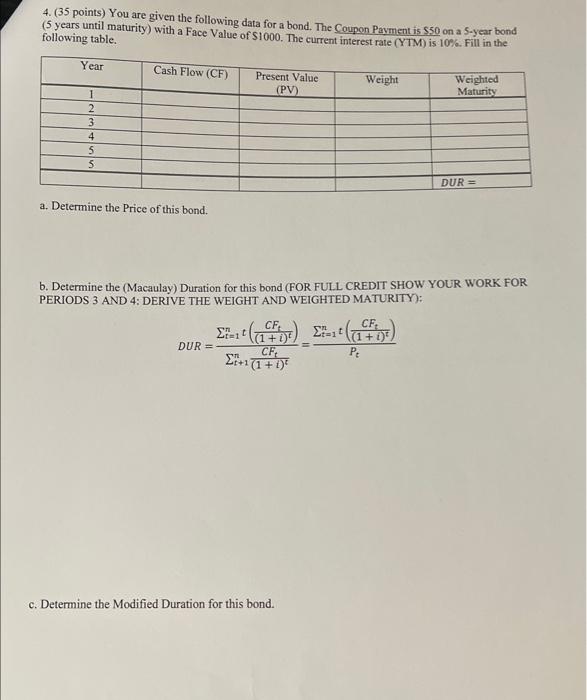 4. (35 points) You are given the following data for a bond.
