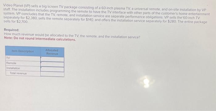 Video Planet (VP) sells a big screen TV package consisting of a