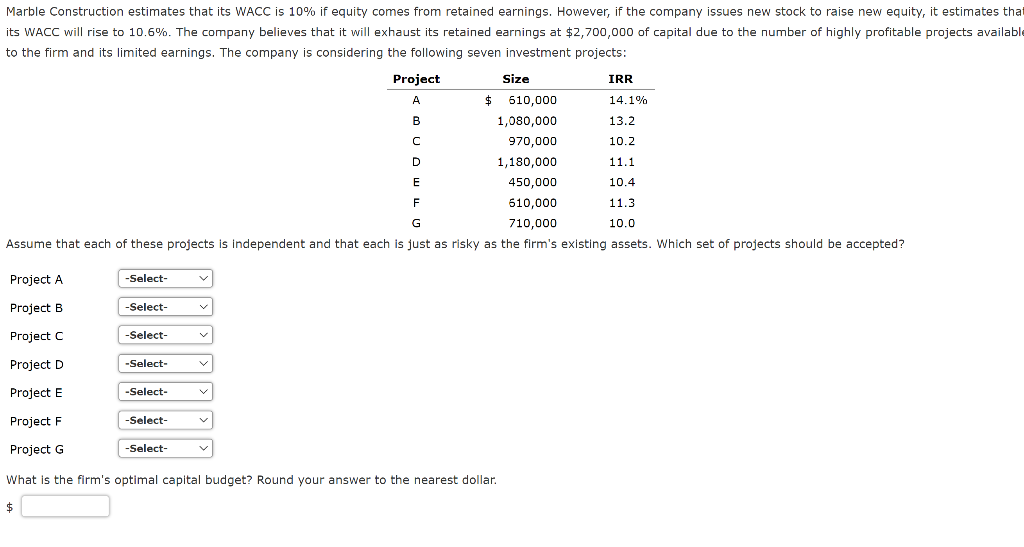 Marble Construction estimates that its WACC is 10% if equity comes from