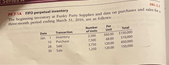 PR 7-1A FIFO perpetual inventory OBJ. 2,3 The beginning inventory at Funky