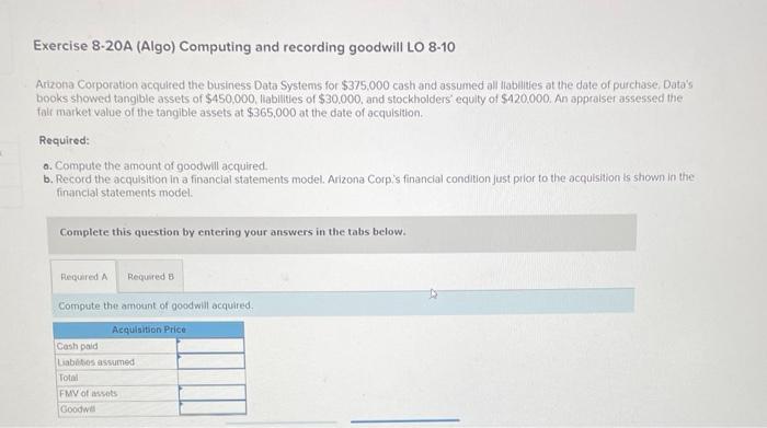 Exercise 8-20A (Algo) Computing and recording goodwill LO 8-10 Arizona Corporation acquired