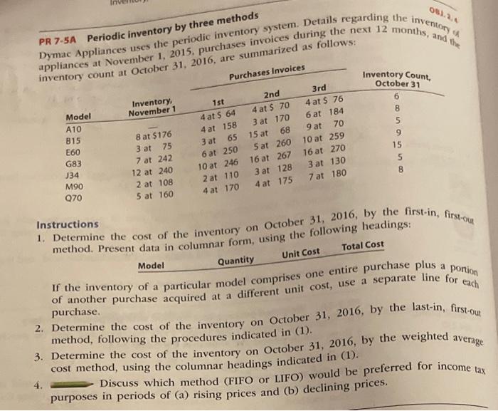 PR 7-5A Periodic inventory by three methods 081.2.4 Dymac Appliances uses the