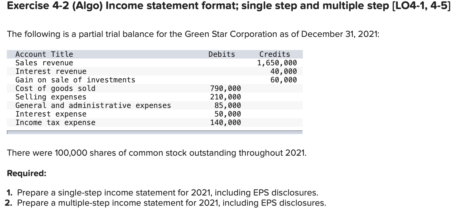 Exercise 4-2 (Algo) Income statement format; single step and multiple step [LO4-1,