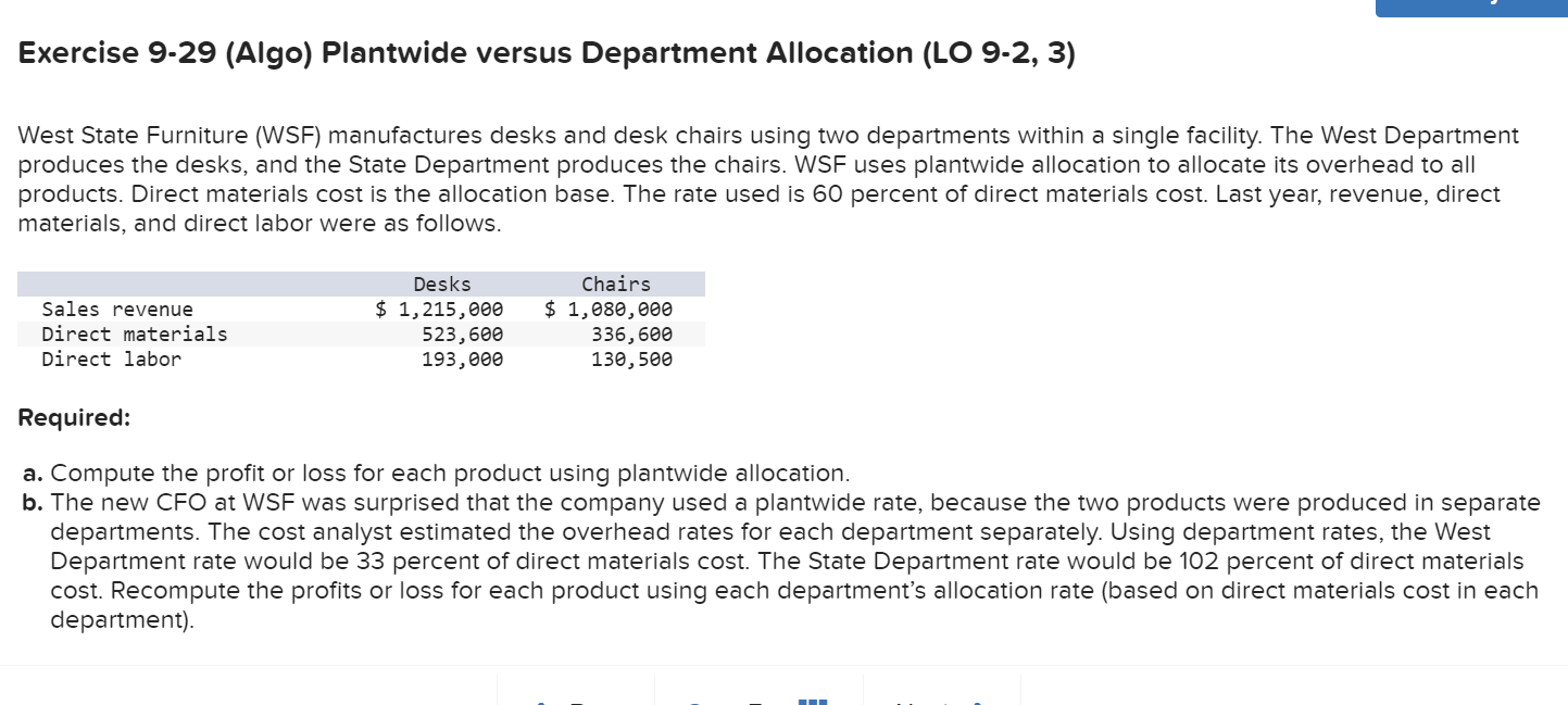 Loss Desk Chairs Exercise 9-29 (Algo) Plantwide versus Department Allocation (LO 9-2,