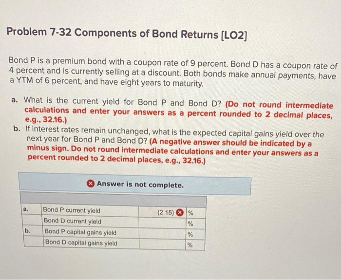 Problem 7-32 Components of Bond Returns [LO2] Bond P is a premium