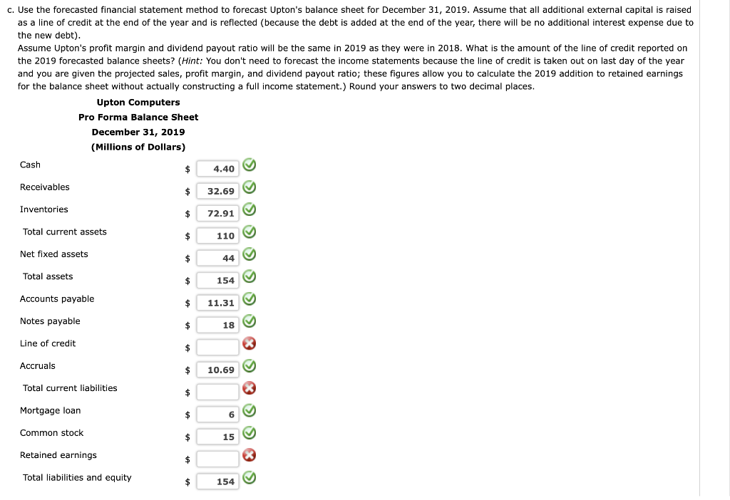 c. Use the forecasted financial statement method to forecast Upton's balance sheet