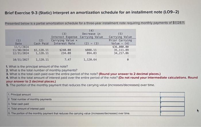 Brief Exercise 9-3 (Static) Interpret an amortization schedule for an installment note