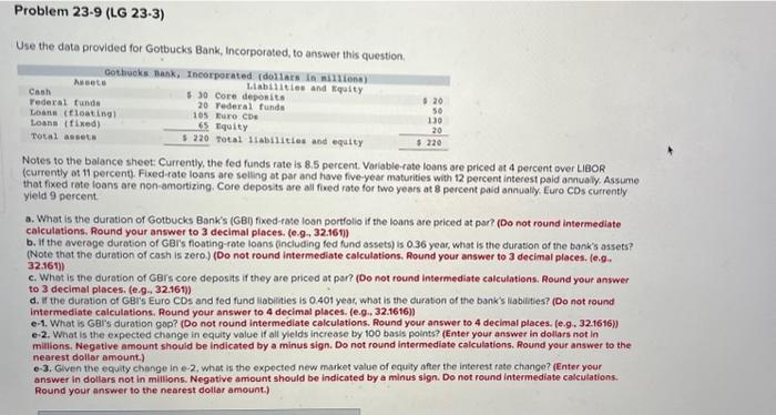 Problem 23-9 (LG 23-3) Use the data provided for Gotbucks Bank, Incorporated,