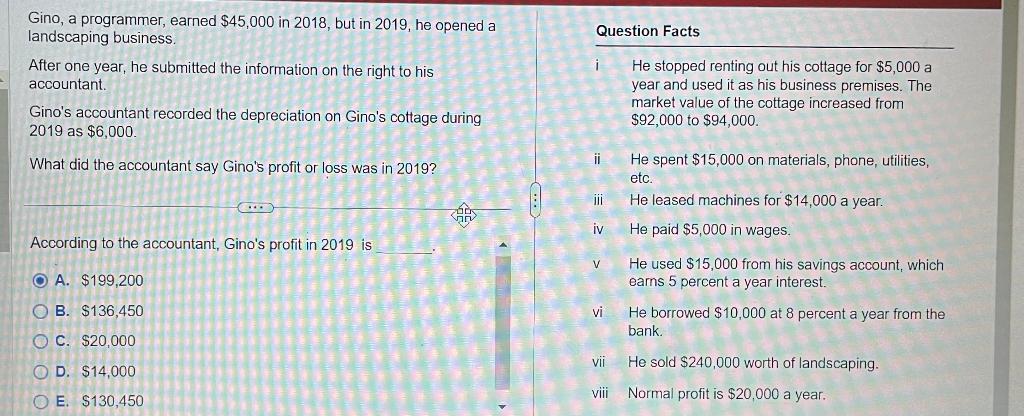 Gino, a programmer, earned $45,000 in 2018, but in 2019, he opened