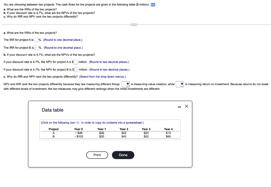 You are choosing between two projects. The cash flows for the projects