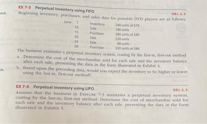 nce, ce, EX 7-3 Perpetual inventory using FIFO OBJ. 2, 3 Beginning