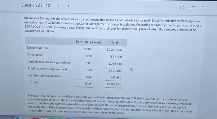 Question 2 of 10 < > -/2 E Klean Fiber Company is
