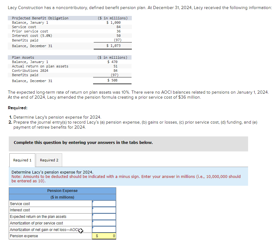Lacy Construction has a noncontributory, defined benefit pension plan. At December 31,