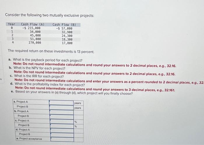 Consider the following two mutually exclusive projects: Year Cash Flow (A) Cash