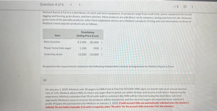 Question 4 of 6 < -18 E Metlock Ranch & Farm is