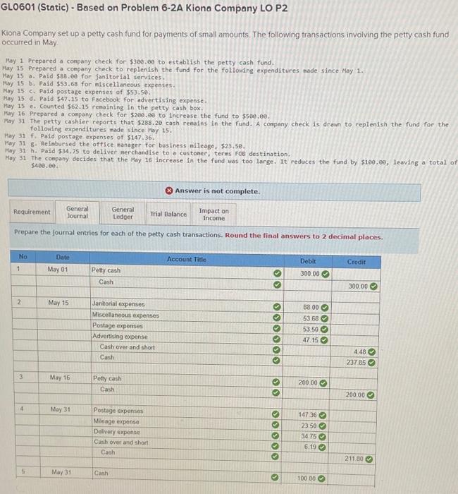 GL0601 (Static) - Based on Problem 6-2A Kiona Company LO P2 Kiona