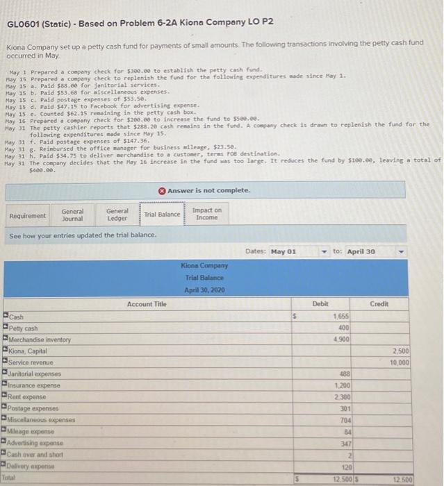 The following transactions involving the petty cash fund occurred in May. May