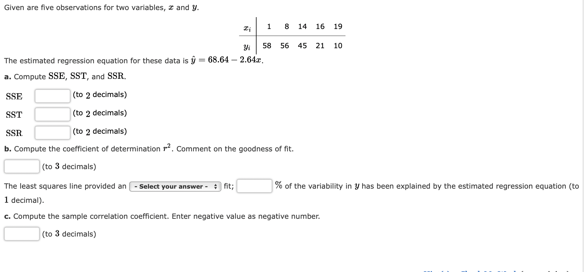 Given are five observations for two variables, x and y. 1 xi