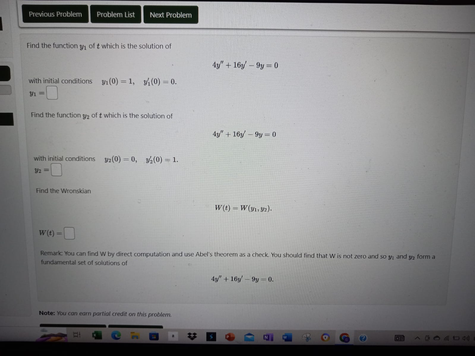 Previous Problem Problem List Next Problem Find the function Y1 of t