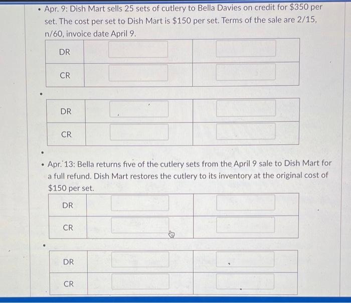entries for the following transactions for Dish Mart, which uses the perpetual
