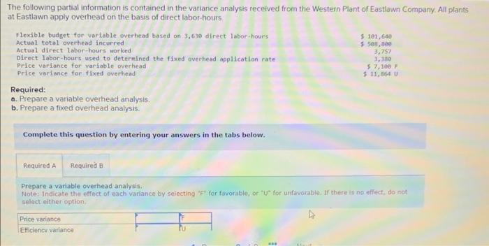 The following partial information is contained in the variance analysis received from