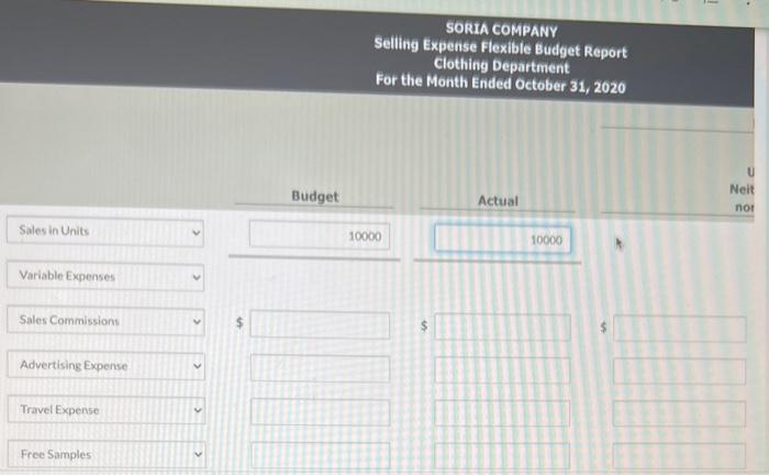 COMPANY Clothing Department Budget Report For the Month Ended October 31, 2020