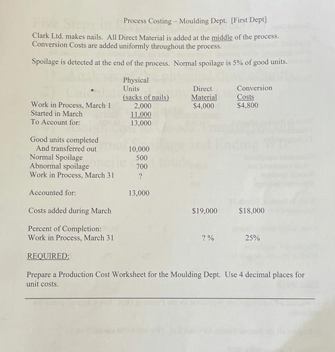 Process Costing-Moulding Dept. [First Dept] Clark Ltd. makes nails. All Direct Material
