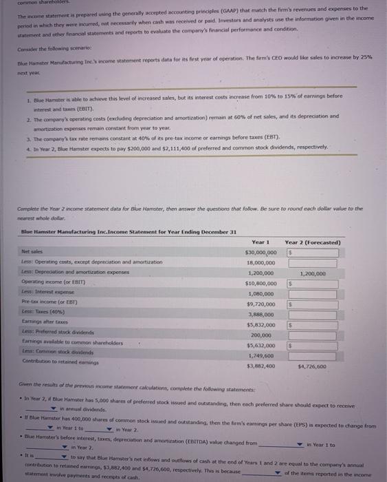 common shareholders The income statement is prepared using the generally accepted accounting