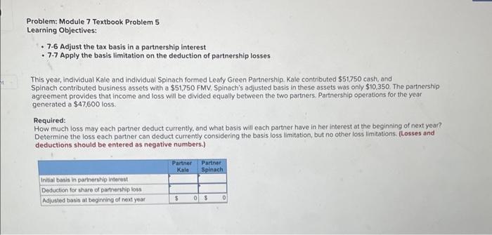 Problem: Module 7 Textbook Problem 5 Learning Objectives: 7-6 Adjust the tax