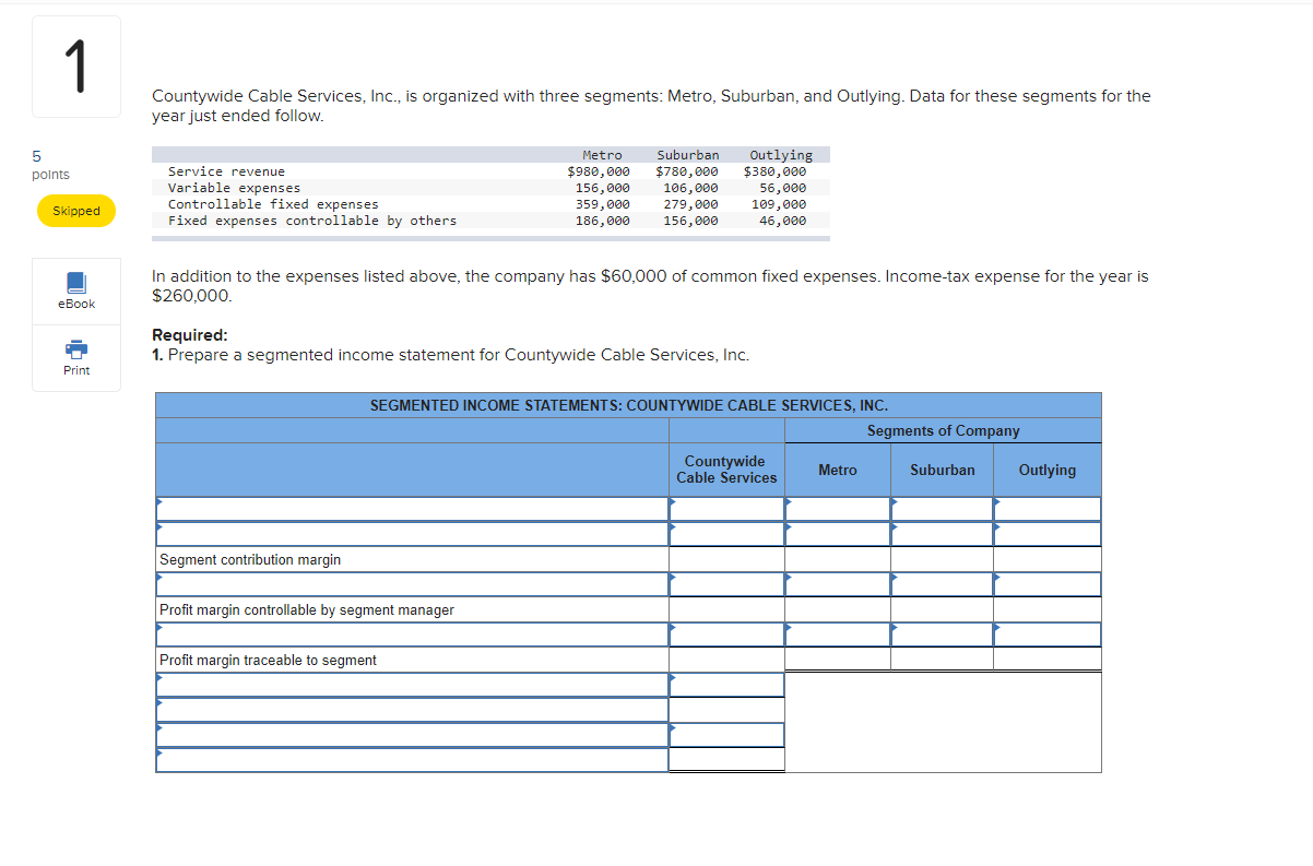 1 Countywide Cable Services, Inc., is organized with three segments: Metro, Suburban,