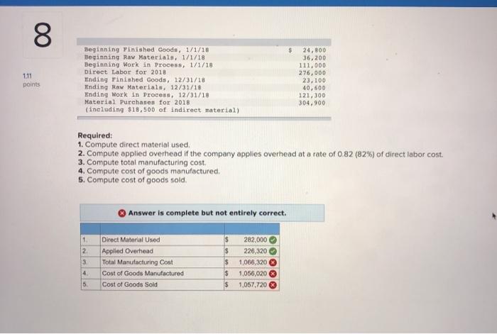 00 8 1.11 points Beginning Finished Goods, 1/1/18 Beginning Raw Materials, 1/1/18