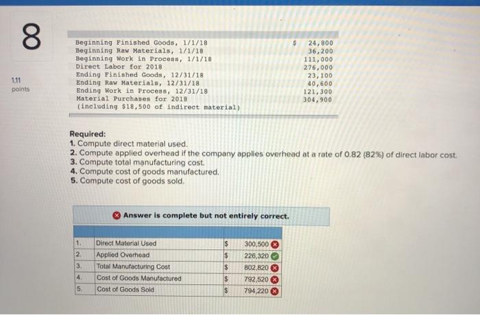 1.11 8 00 points Beginning Finished Goods, 1/1/18 Beginning Raw Materials, 1/1/18