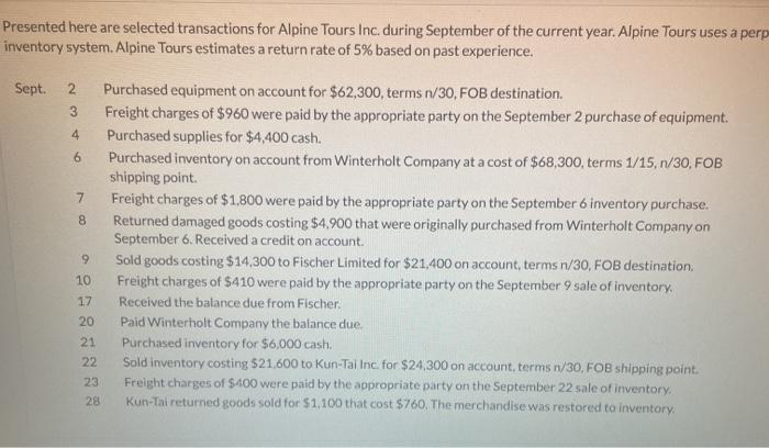 Presented here are selected transactions for Alpine Tours Inc. during September of
