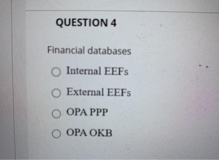 QUESTION 4 Financial databases O Internal EEFS O External EEFS OPA PPP