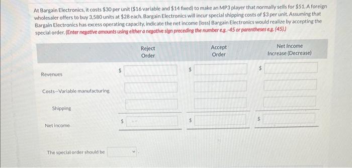 At Bargain Electronics, it costs $30 per unit ($16 variable and $14
