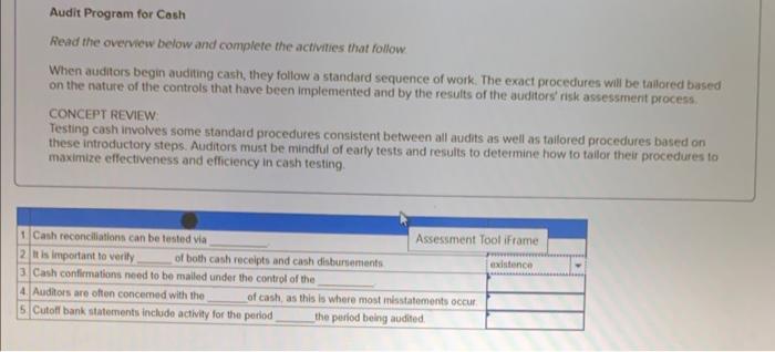 Audit Program for Cash Read the overview below and complete the activities
