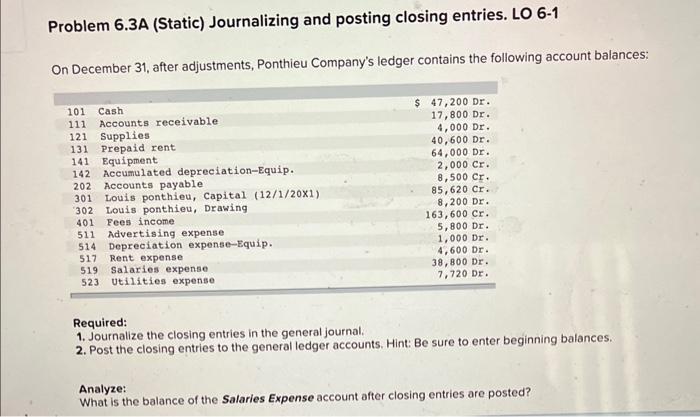 Problem 6.3A (Static) Journalizing and posting closing entries. LO 6-1 On December