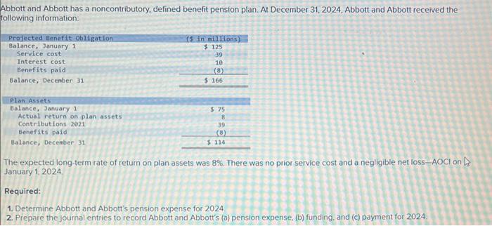 Abbott and Abbott has a noncontributory, defined benefit pension plan. At December